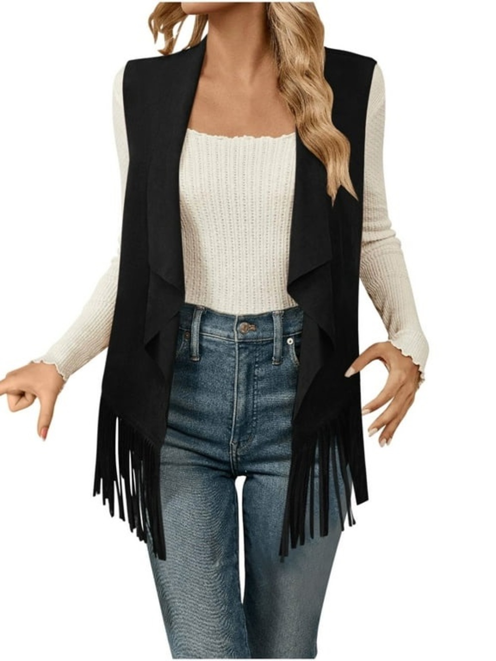 Black Fringe Open Front Vest - Women Sweaters NWOT